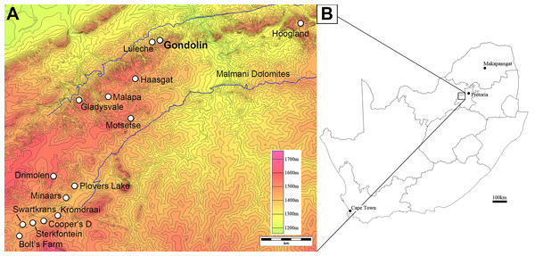 Topographic map of the UNESCO Fossil Hominids of South Africa World Heritage Site region (A) in reference to a provincial map of South Africa (B).