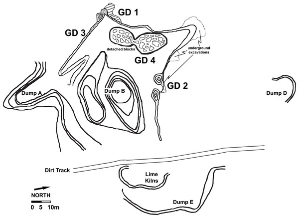 Site plan of the modern Gondolin cave, including the location of the in situ sediment remnants (GD 1–GD 4) and the location of Dump A deposits sampled to produce the GD A assemblage.