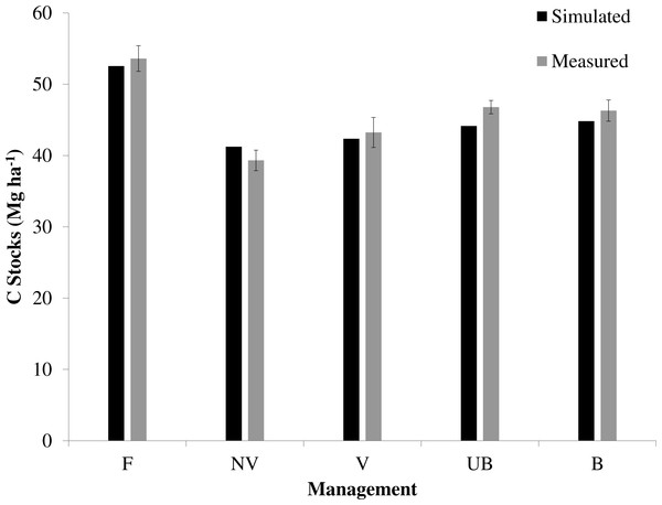 Simulated and measured results for soil C stock (0–20 cm) under different sugarcane management systems and native vegetation.