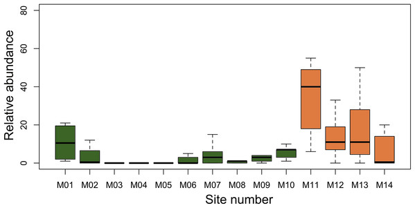 Median of A. femoralis relative abundance in the research modules along the Purus-Madeira interfluve.