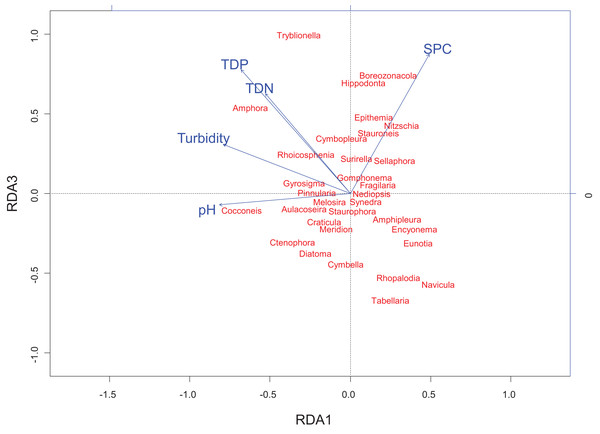 Redundancy analysis biplot projecting RDA axes 1 and 3 showing diatom genera from the Peace–Athabasca Delta and associated physico-chemical parameters.