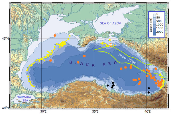 The Black Sea bottom topography and composite map of areas, where the presence gas and oil was revealed (modified from Korotenko (2016)).