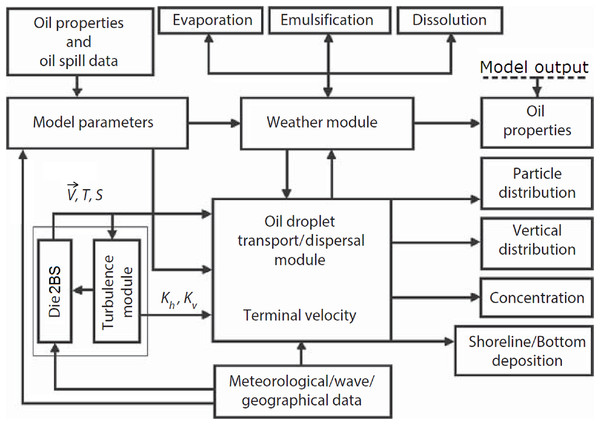 Schematic of principal elements of the deepwater oil spill model (modified from Korotenko (2016)).