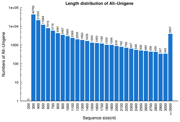 The length distribution of the unigenes identified based on seven R. arvalis oviduct transcriptomes.