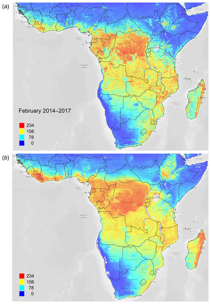 FAPAR values for Subsaharan Africa: (A) actual (250 m resolution) and (B) predicted (one km resolution) potential FAPAR values for February.
