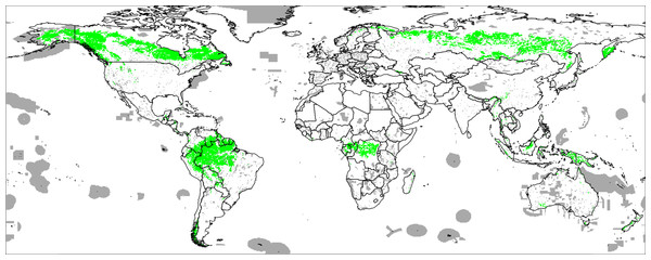 World’s Protected Areas (dark gray) based on http://protectedplanet.net and Intact Forest Landscapes for year 2000 (green) based on http://intactforests.org.