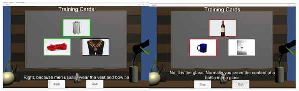 Screenshots of semantic memory game, during the initial training phase.