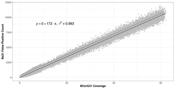 Linear regression model fit of BCerG coverage and false positive Ba31 counts.