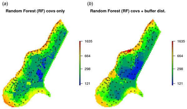 Comparison of predictions produced using random forest and covariates only (A), and random forest with covariates and buffer distances combined (B).