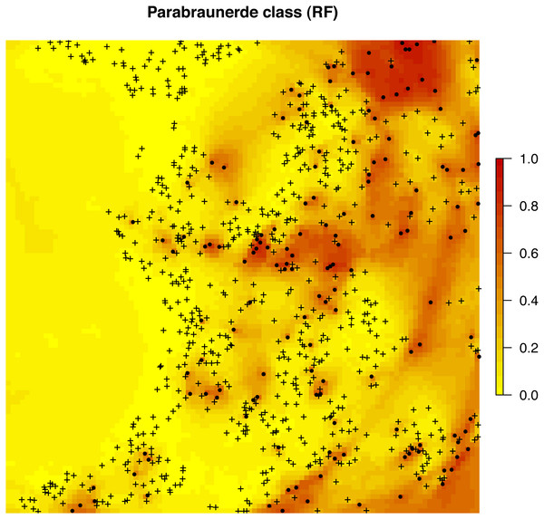 Predicted distribution for the Parabraunerde occurence probabilities (the Ebergötzen data set) produced using buffer distances combined with other covariates.