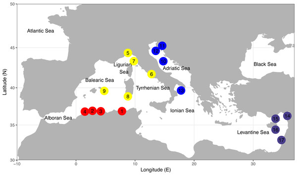 Sampling locations of the four demersal elasmobranchs in the study.
