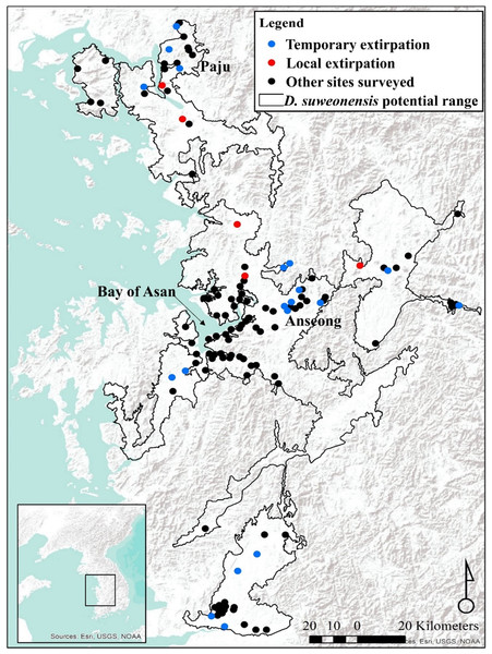 Locations of survey sites with local and temporary extirpations defined over four years.