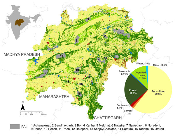 Map of the study landscape showing the landuse-landcover patterns, state boundaries, and protected areas.