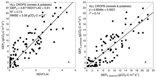 Scatterplots of relationships between (A) NDVI*LAI and GEPd and (B) observed and predicted GEPd estimated for all the crops considered together, based on the general crop-combined model.