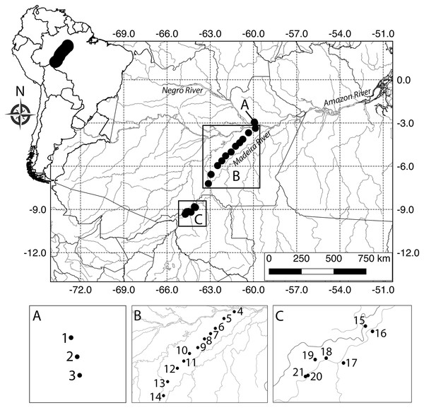Map of the study area in Brazilian Amazonia showing plots where snake assemblages were sampled.
