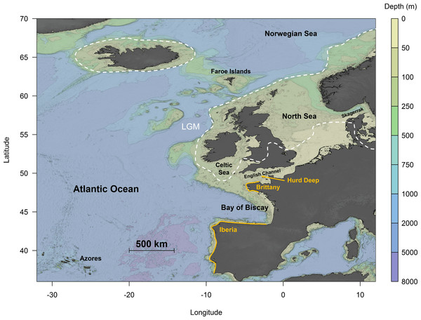 Topographical map of the northeast Atlantic Ocean.