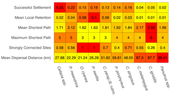 Summary statistics for each species network.