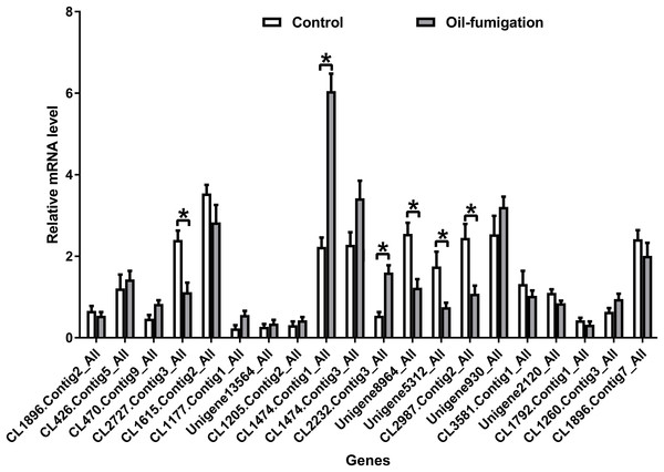 Real-time qRT-PCR analysis of DEGs that encode respiration and detoxification-related enzymes in T. confusum after oil fumigation.
