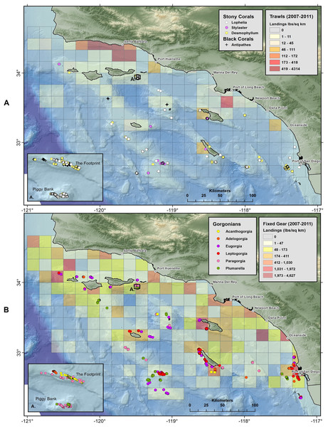 Maps showing geographic distribution of commercial demersal fisheries landings in the Southern California Bight.