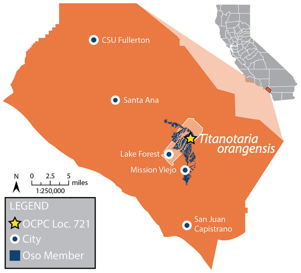 Map of Orange County, CA, and type locality for Titanotaria orangensis.