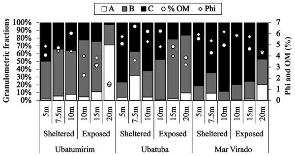 Proportions of grain-size classes, central tendency of bottom sediments (phi) and mean values of the organic matter content of the sediment (% OM) for each depth in Ubatumirim, Ubatuba and Mar Virado, São Paulo State littoral, southeastern Brazil.