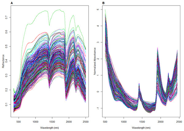 Illustrations of visible near infrared (vis-NIR) spectra from the local dataset: (A) raw and (B) being pre-processed.