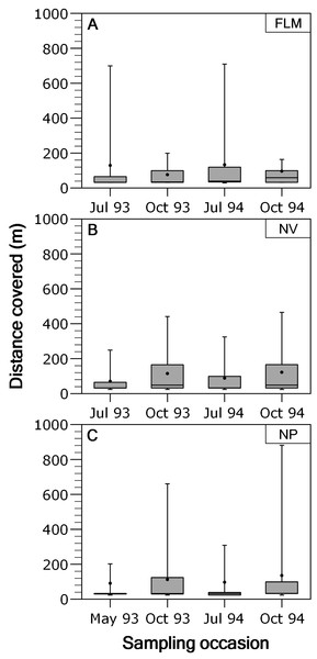Box-plot of absolute distance moved, by brown trout individuals recaptured out from home section, per sampling occasion in the study streams.