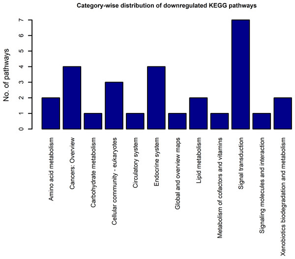The KEGG category-wise distribution of the enriched pathways in the downregulated genes of the RA synovium.