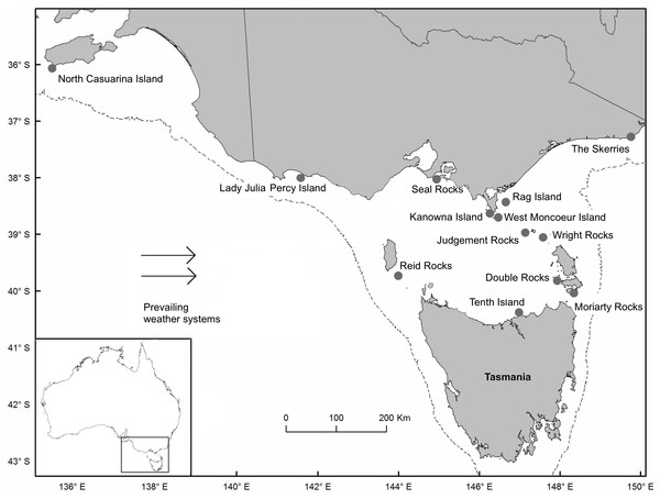 Location of Australian fur seal (Arctocephalus pusillus doriferus) breeding colonies in Bass Strait, south-eastern Australia.