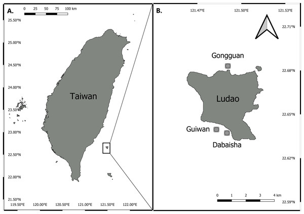 Map of Taiwan showing location of Ludao and sampling locations.