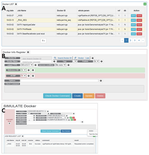 (A) Docker LIST, (B) Docker info register and (C) SIMULATE in RegisterDocker.