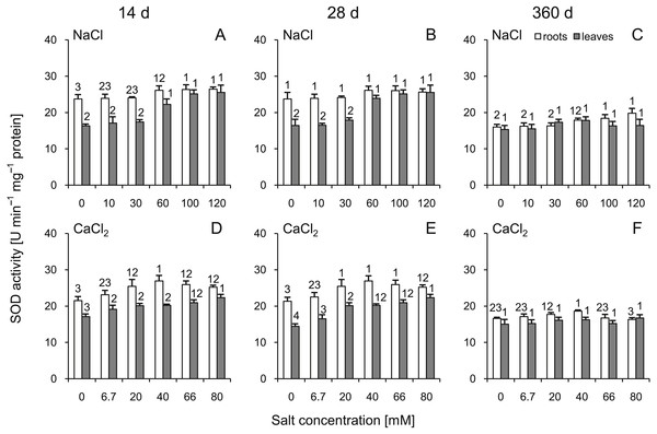 Effects of saline stress on the superoxide dismutase (SOD) activities in the roots and leaves from the silver maple seedlings exposed to different salinity levels (NaCl or CaCl2) after 14 (A, D), 28 (B, E) and 360 (C, F) days.