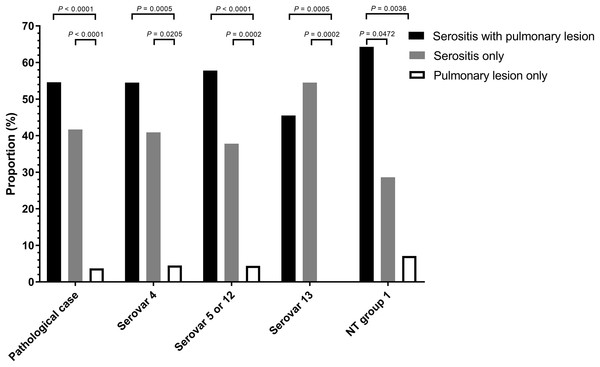Distribution of Haemophilus parasuis serovars according to lesion pattern.