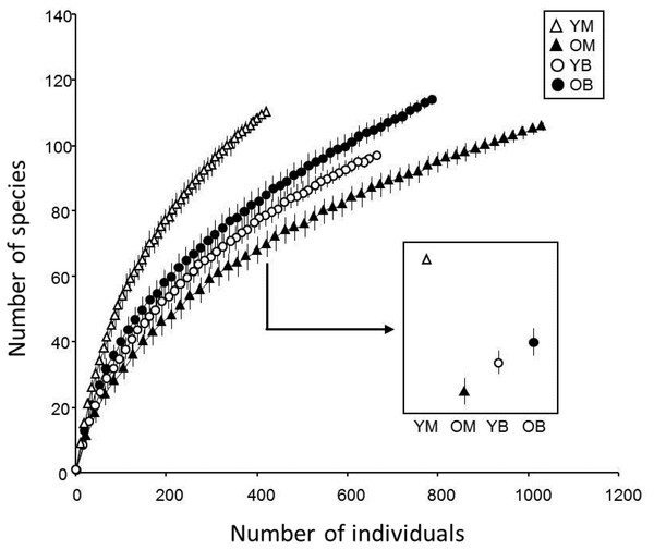 Rarefaction estimates species richness (±1 SE) of saproxylic Diptera in a Quebec deciduous forest plotted against number of individuals at different wood decay stages and tree species.