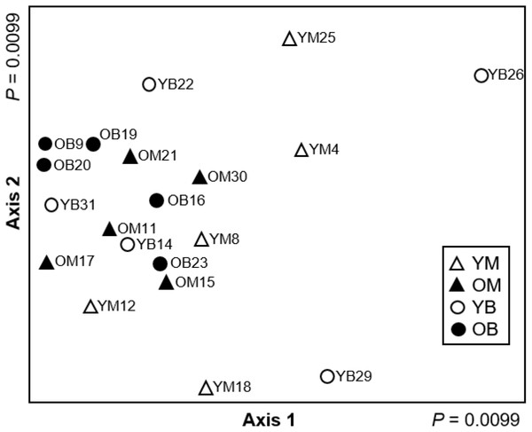 Non-metric multidimensional scaling ordination (stress = 0.088) based on Hellinger transformed abundance of saproxylic Diptera species in decaying wood in southern Quebec.