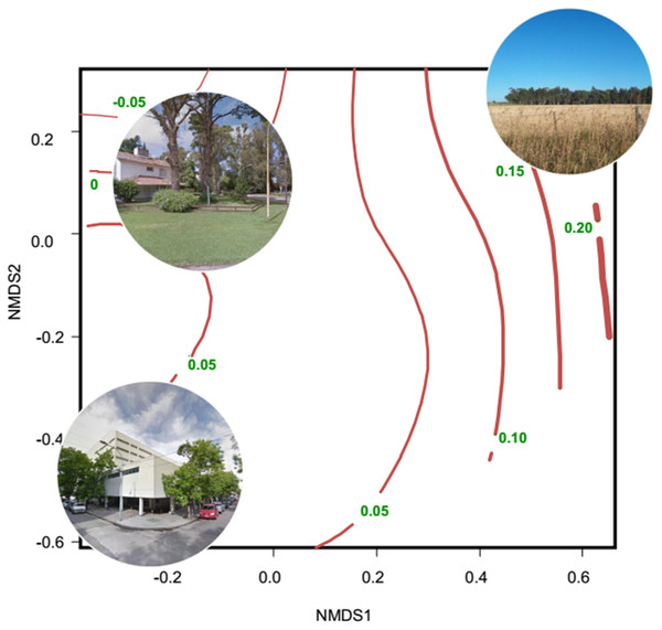 Non-metric multidimensional scaling showing the relationship between habitat types and the seasonal change of NDVI.