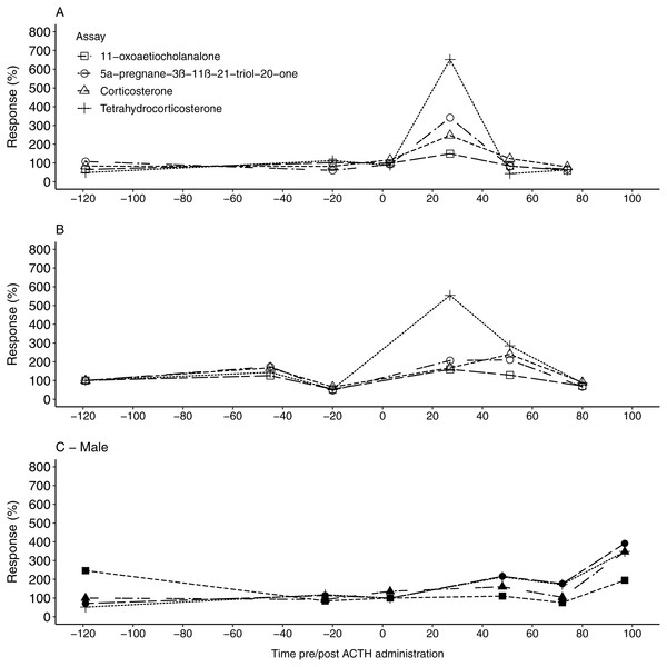 The urinary glucocorticoid metabolite response for all study animals following ACTH administration.