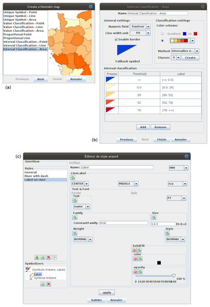 (A) The screenshot shows the list of productivity tools available in OrbisGIS. (B) The screenshot shows the user interface of the productivity tool dedicated to choropleth maps. (C) The screenshot shows a prototype of advanced style editor.