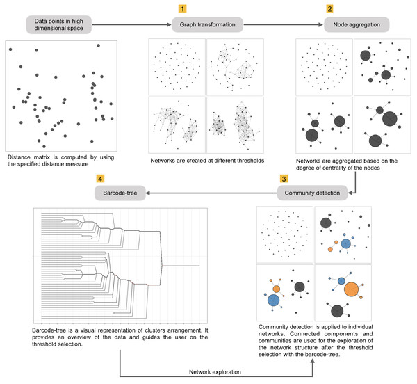 Workflow diagram of MCLEAN algorithm, consisting of four steps: (1) graph transformation, (2) node aggregation, (3) community detection and, (4) barcode-tree creation.