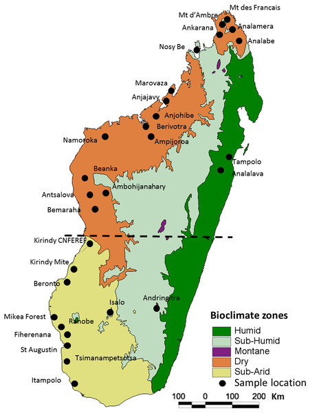 Map of Madagascar showing the different collection localities of specimens of Macronycteris commersoni used in this study.