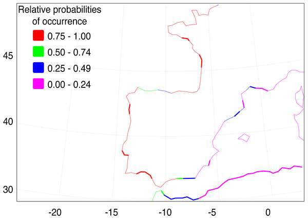 Western European and Mediterranean coastal environments showing AquaMap probabilities of occurrence of F. heteroclitus.
