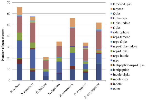 Composition of secondary metabolism gene clusters and their backbone genes in seven different Penicillium species.