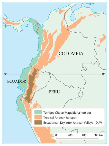 Map of northern South America with hotspot areas: Tropical Andes and Tumbes-Chocó-Darien.