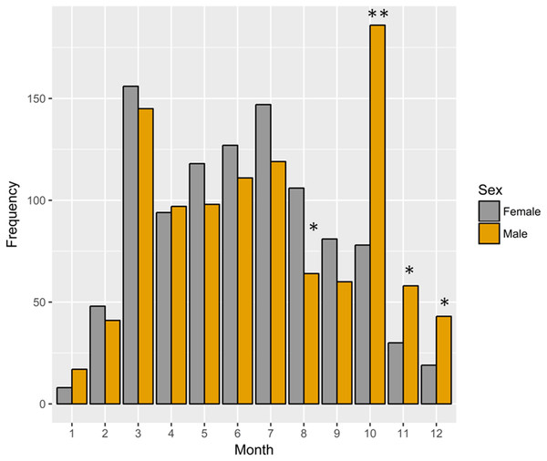 Frequency histogram for females and males of Procambarus clarkii throughout the year.