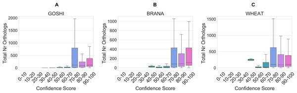 Distribution of the total orthology copy number, binned by confidence score, for GOSHI (A), BRANA (B), and WHEAT (C).