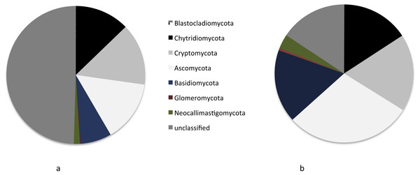 Taxonomic identities of fungal OTUs (A) and reads (B) in freshwaters.