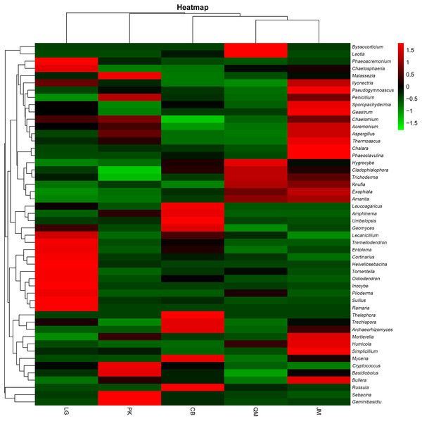 Heatmap and hierarchical cluster analysis based on the relative abundances of the top 50 genera identified in the bacterial communities of the soils.