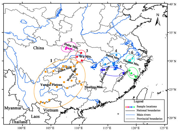 Results of spatial analysis of molecular variance analysis (SAMOVA, K = 7) on Liriodendron chinense populations in subtropical China.