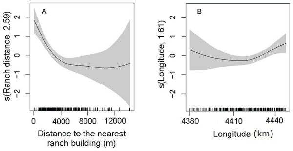 Partial effects of the significant predictors (A: Ranch distance; B: Longitude) on the abundance of D. patagonum according to the best fitting model.