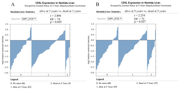 The effects of CD5L expression on overall survival of HCC patients.
